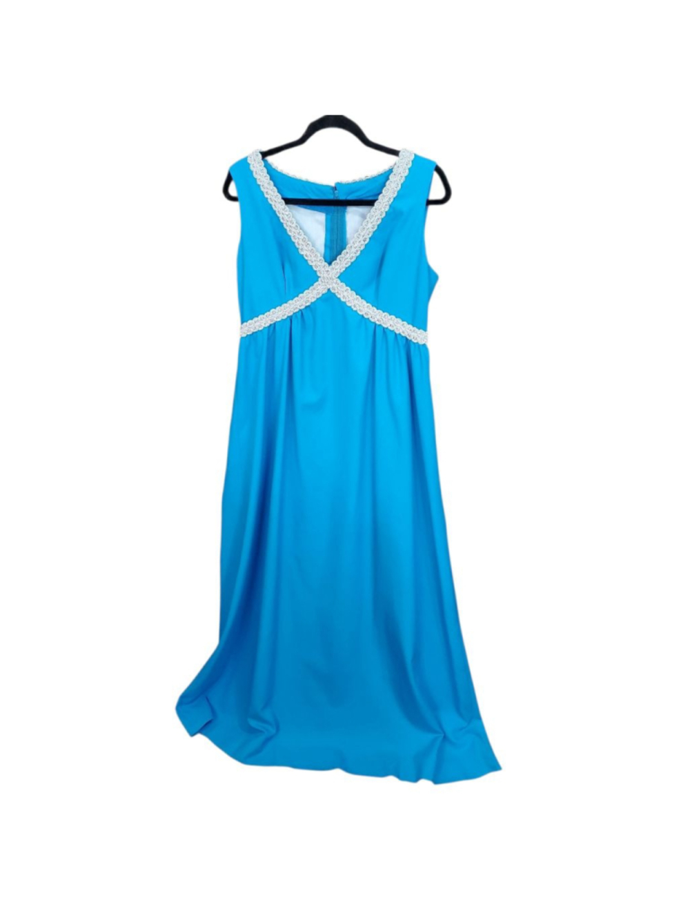 Vintage 70s Blue Silver Maxi Dress Crepe Linen